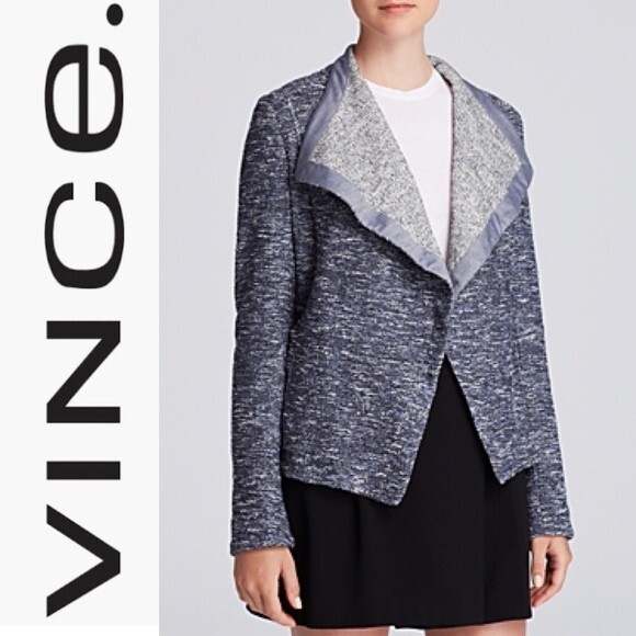 Vince Draped Open Front Cascade Tweed Jacket Marled Blazer Cardigan M Gray - Picture 2 of 8